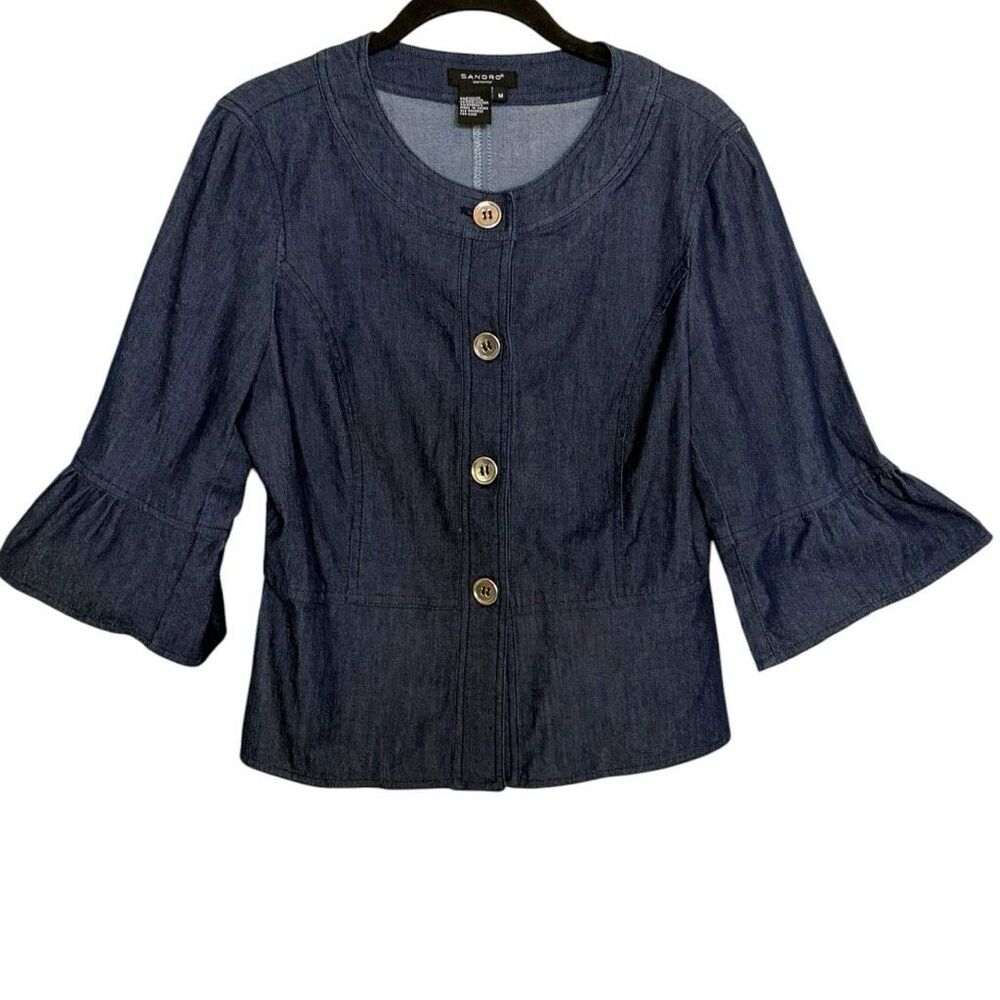 SANDRO Bell Sleeve Peplum Dark Denim Jacket Size Medium